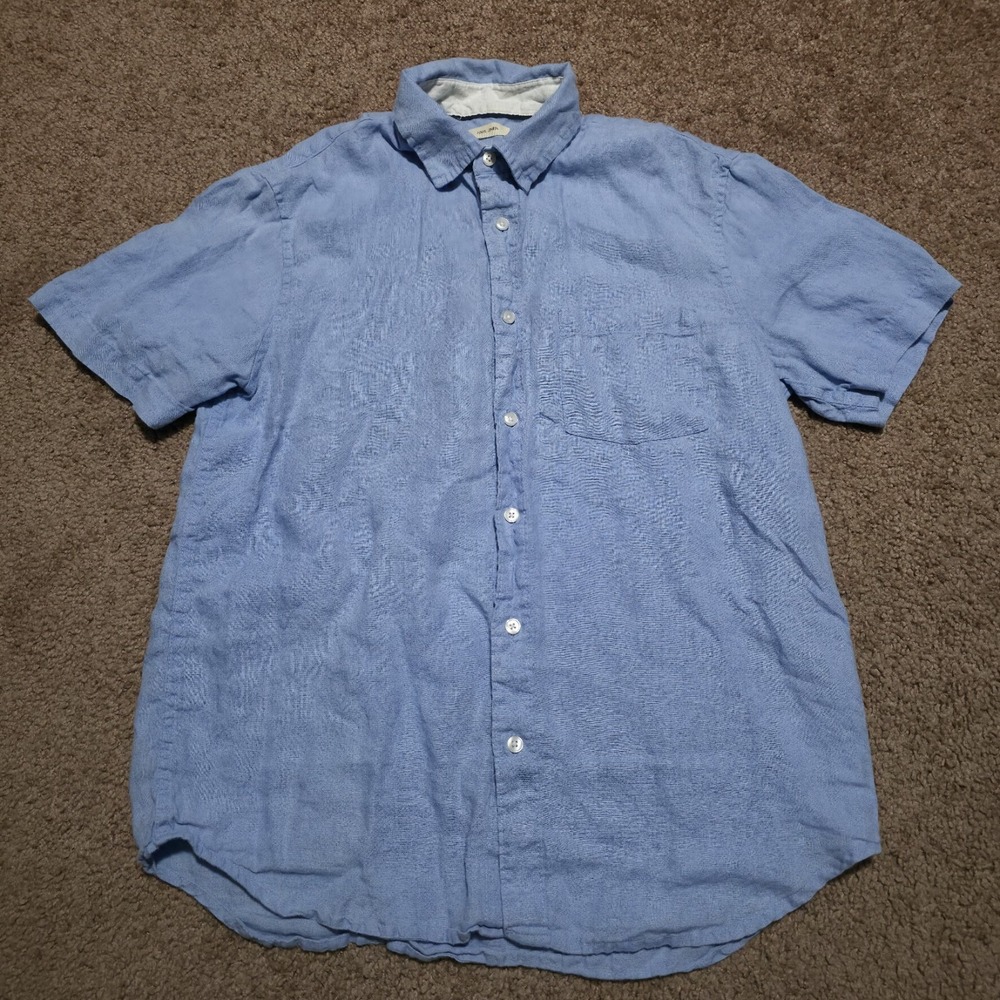Panama Jack Men Button Up Linen Shirt‎ Mens Medium Blue Short Sleeve
